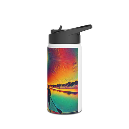 Fantasy Paddleboarding Stainless Steel Water Bottle showcasing a scenic paddleboarding silhouette against a stunning sunset backdrop, ideal for stylish hydration while exploring nature.
