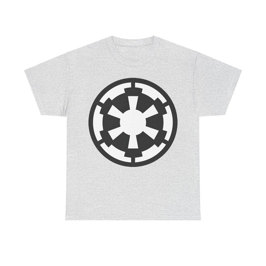 Luxury unisex Galactic Empire Star Wars Retro Logo Graphic Tee displayed flat, highlighting the iconic logo on a grey background.