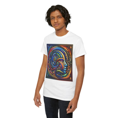 Model wearing the Stained Glass Dreams Unisex T-Shirt, demonstrating its unique design and vibrant colours, ideal for stylish self-expression.