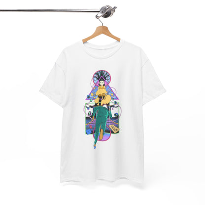 Chic white t-shirt elegantly displayed on a hanger, featuring an artistic interpretation of Squid Game, merging comfort with a fashionable twist, suitable for casual or streetwear styles.