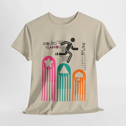 Luxury Squid Game unisex graphic T-shirt featuring a minimalist design with vibrant colours and iconic symbols, perfect for streetwear enthusiasts.