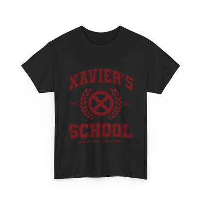 Front view of Xaviers School for Gifted Youngsters X-Men Logo Graphic Unisex Tee Shirt, displaying a striking graphic design in black with bold lettering and an iconic logo.