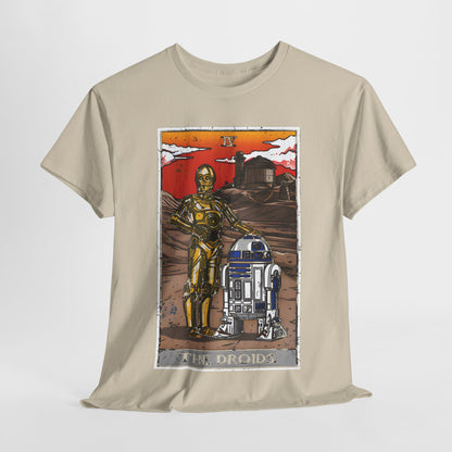 The Droids Tarot Card Graphic T-Shirt Urban Unisex Cotton Tee in beige featuring C-3PO and R2-D2 against a textured desert backdrop with an orange-red sunrise.