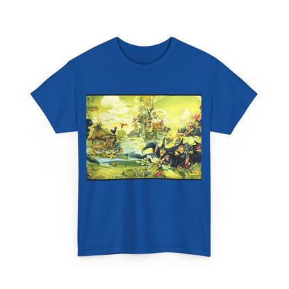 Artistic blue unisex tee featuring a captivating illustration from Discworld Witches Abroad, embodying whimsy and creativity for literature enthusiasts.
