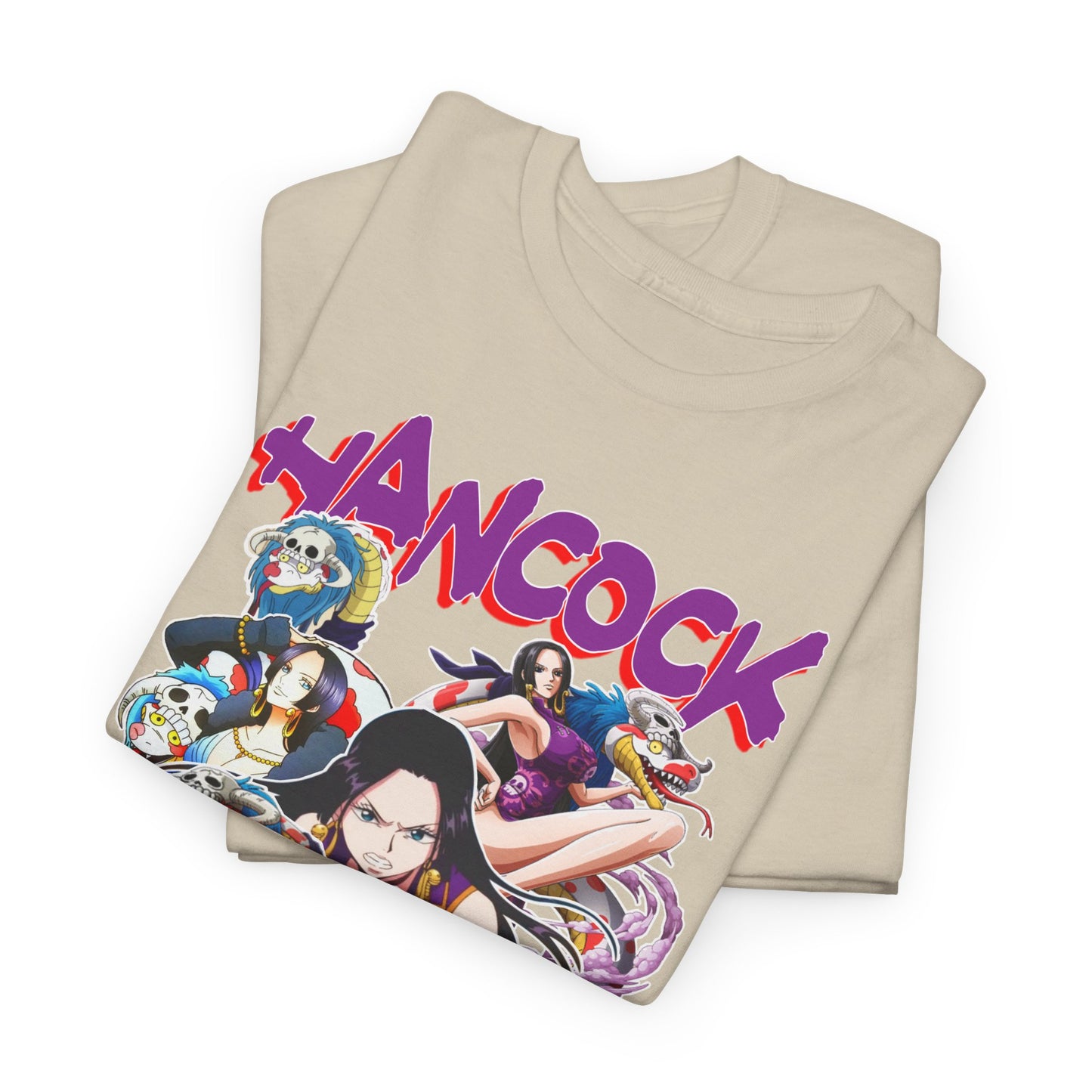 Elegant Boa Hancock T-Shirt showcasing vibrant anime artwork with striking typography, folded neatly for display.