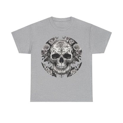 Skulls and Roses Cotton Tee in grey, featuring a striking steampunk skull design surrounded by beautifully detailed roses, perfect for a luxurious unisex graphic shirt.