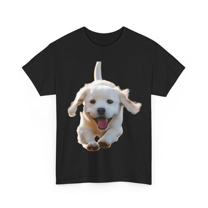 Leaping puppy Graphic T-Shirt, Urban Streetwear Top, Unisex Cotton featuring an endearing leaping puppy design on a rich black fabric.