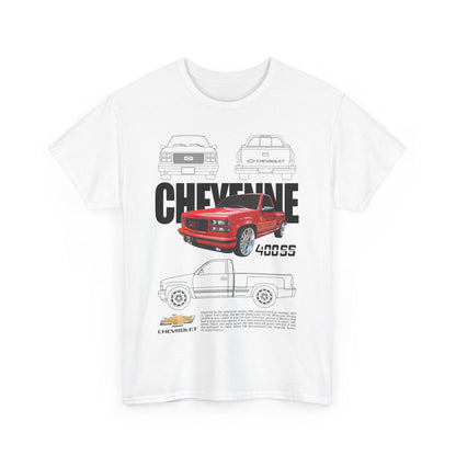 Chic Chevrolet Cheyenne Men's T-Shirt displayed in pristine white fabric, showcasing a vibrant red pickup truck graphic and elegant branding elements.
