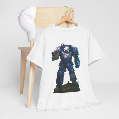 Stylish unisex graphic cotton T-shirt showcased on a natural wood hanger, paired with a minimalist chair, displaying a sci-fi character design.