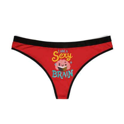 Elegant red women's thong with a whimsical print of a brain and the words 'I have a sexy brain', perfect for romantic occasions and adding charm to lingerie collections.