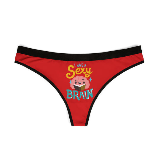 Elegant red women's thong with a whimsical print of a brain and the words 'I have a sexy brain', perfect for romantic occasions and adding charm to lingerie collections.