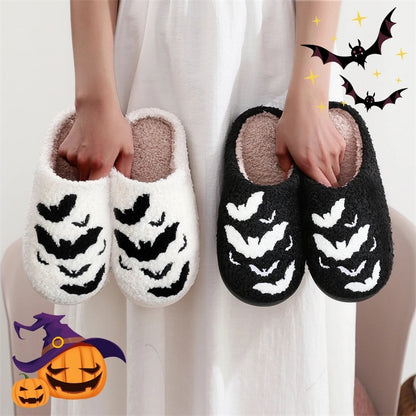 Luxurious Funny Bat Slipper Halloween Pumpkin Flat Indoor House Shoes showcasing a playful bat design in black and white, ideal for women and men, offering soft plush comfort for Halloween festivities and lounging.