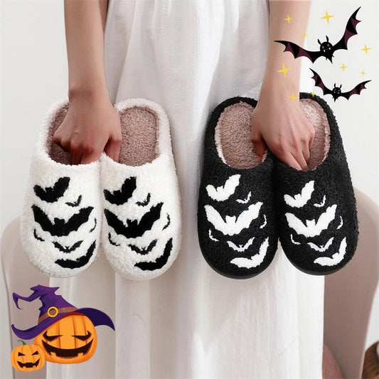 Luxurious Funny Bat Slipper Halloween Pumpkin Flat Indoor House Shoes showcasing a playful bat design in black and white, ideal for women and men, offering soft plush comfort for Halloween festivities and lounging.