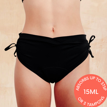 Zoe Leakproof Bikini in luxurious high-waisted design, perfect for poolside elegance, offering waterproof protection and comfort.