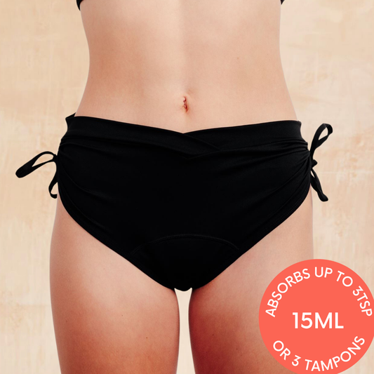 Zoe Leakproof Bikini in luxurious high-waisted design, perfect for poolside elegance, offering waterproof protection and comfort.