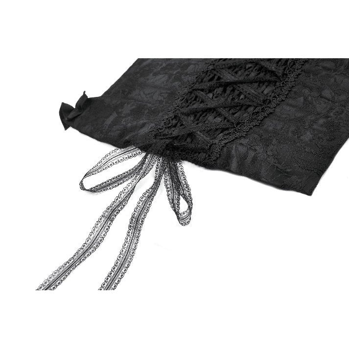 Close-up of Dark in Love Selene Corset Top showcasing the ornate floral jacquard pattern and stylish covered buttons, ideal for evening sophistication.