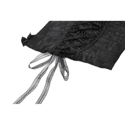 Close-up of Dark in Love Selene Corset Top showcasing the ornate floral jacquard pattern and stylish covered buttons, ideal for evening sophistication.