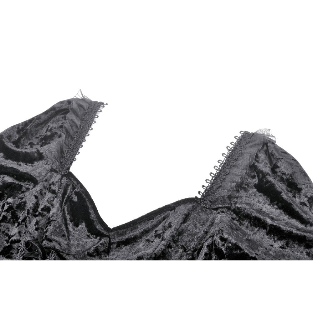 Elegant high-low hem and romantic flared sleeves of the Dark in Love Seraphina Velvet Lace Dress, showcasing gothic embroidery accents.