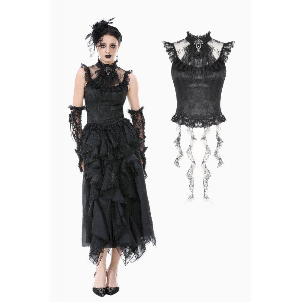 Elegant Dark in Love Seraphina Black Ruched Lace Blouse showcasing structured puff sleeves and a alluring square neckline for gothic evening wear.