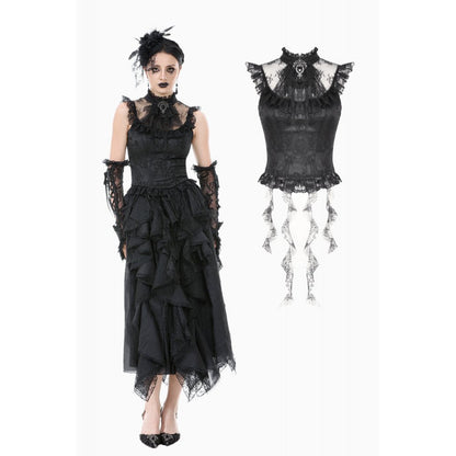 Elegant Dark in Love Seraphina Black Ruched Lace Blouse showcasing structured puff sleeves and a alluring square neckline for gothic evening wear.