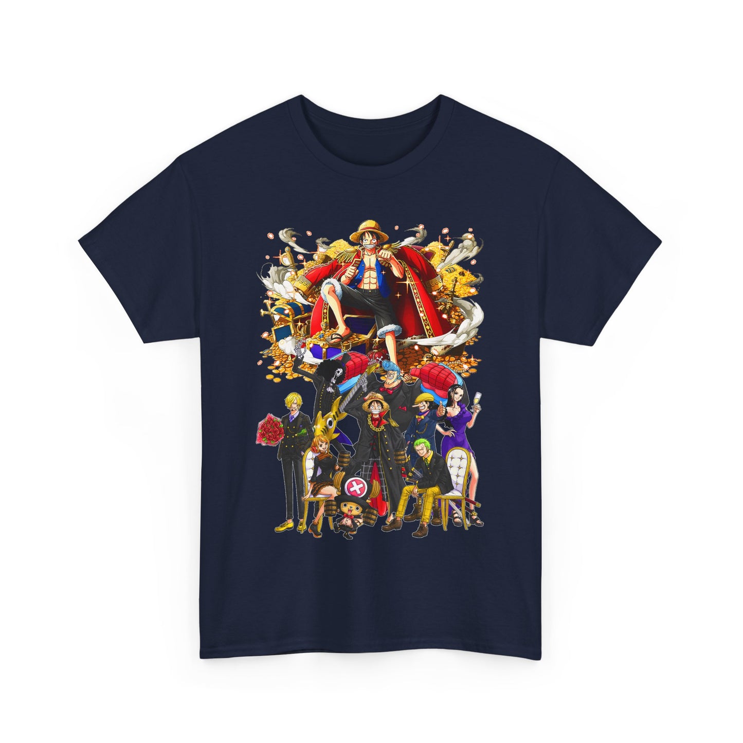 Luxurious navy t-shirt showcasing an artistic anime crew design, reflecting adventure and style in contemporary male fashion.