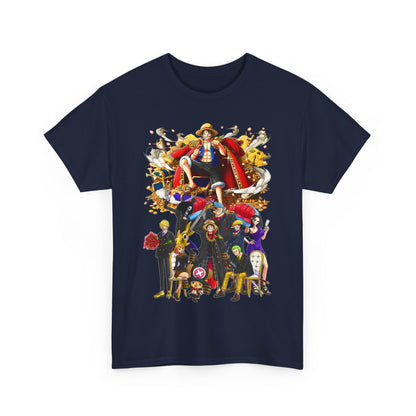 Luxurious navy t-shirt showcasing an artistic anime crew design, reflecting adventure and style in contemporary male fashion.