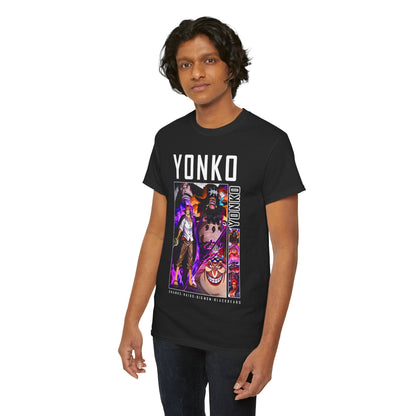 Luxury black YONKO men's t-shirt featuring a vibrant graphic design of iconic anime characters Shanks, Kaido, Big Mom, and Blackbeard, perfect for anime enthusiasts.