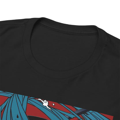 Close-up of the luxurious cotton neckline of a black t-shirt featuring a vibrant Demon Slayer graphic, embodying quality and style.