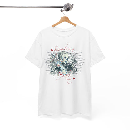 Stylish white T-shirt on a hanger, adorned with an intricate Baroque skull motif and musical elements, representing a fusion of art and fashion.