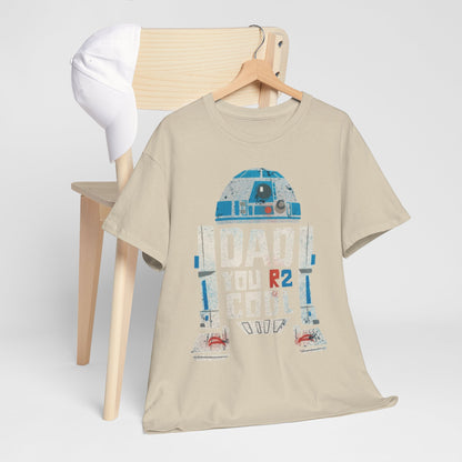 Stylish Star Wars R2-D2 DAD Graphic T-Shirt presented with a cap, decorated with the phrase 'DAD YOU R2 COOL' for a modern look.