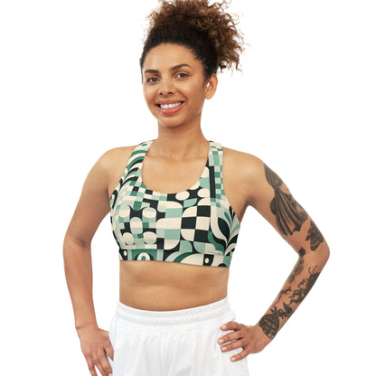 Daria Bellucci Vibrant Pastel Green Sports Bra by Dazzling Dreams Studio showcasing modern checkered and block print design, perfect for stylish and elegant fitness enthusiasts.