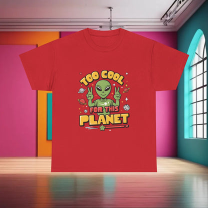 Urban Unisex 100% Cotton Cool Alien Graphic T-Shirt in red, featuring a whimsical alien design with 'Too Cool for This Planet' text, perfect for unique streetwear style.