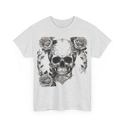 Front view of Skulls and Roses Cotton Tee in light grey, highlighting a striking steampunk graphic design with skulls and roses.