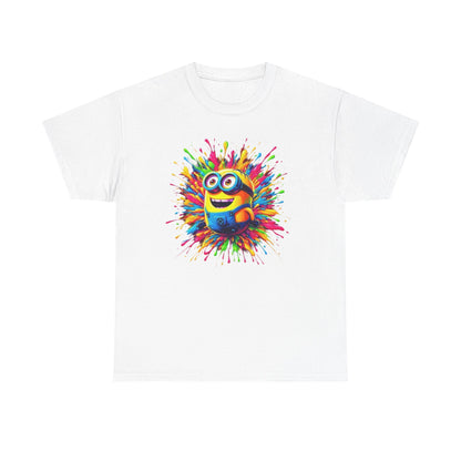 Funny T-Shirt Men's Minion Paint Splash Graphic Tee in white featuring a colourful Minion surrounded by a paint splash, suitable for any Minion fan. T Shirt, Funny, Minions.