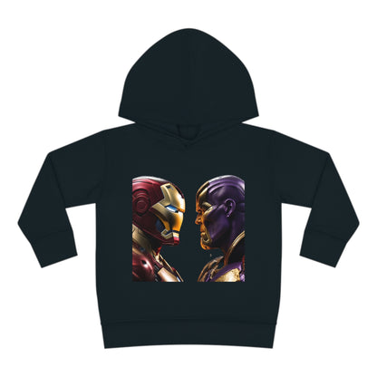 Iron Man Vs Thanos Child’s Unisex Hoodie in black fleece, featuring a bold graphic of Iron Man and Thanos, ideal for children aged 2-5.