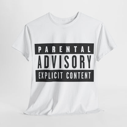 Luxury Parental Advisory Warning Graphic T-Shirt in pristine white, featuring a bold graphic statement that embodies modern sophistication.