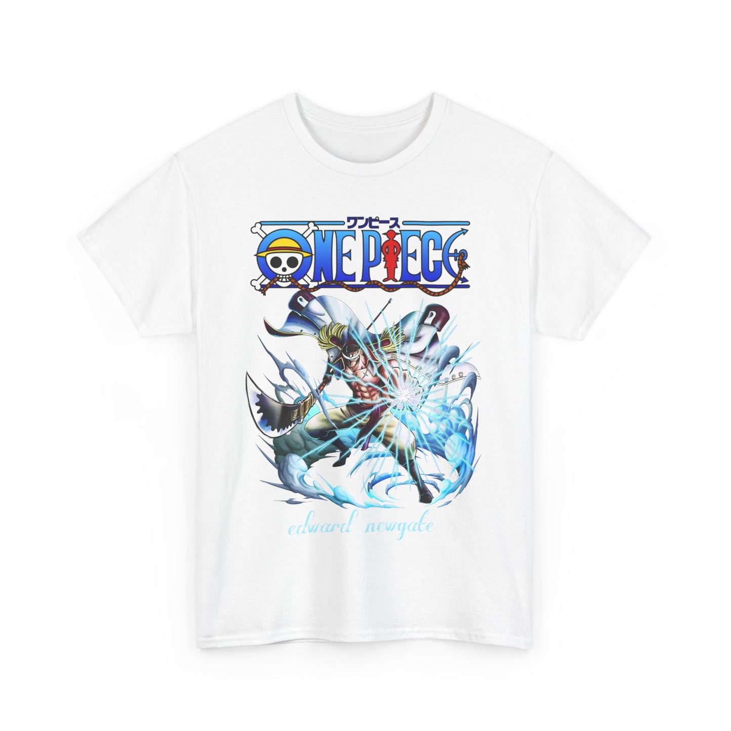 Chic white One Piece t-shirt featuring an eye-catching graphic of Edward Newgate, embodying passion for anime and quality craftsmanship.