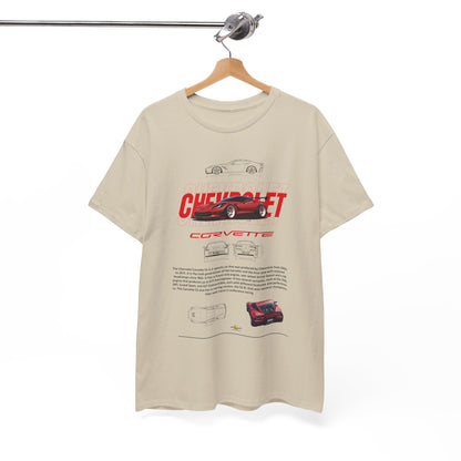 Elegant beige Chevrolet Corvette C6 graphic t-shirt showcasing iconic Corvette design elements and detailed automobile sketches, perfect for car enthusiasts.