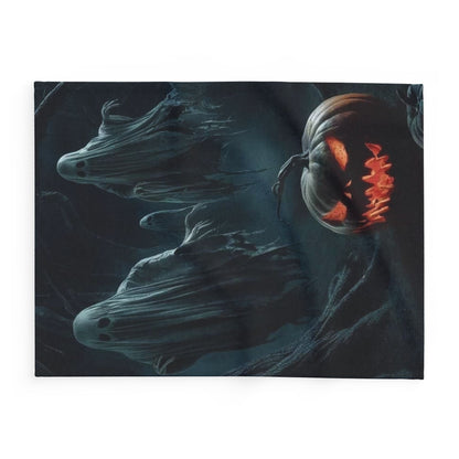Decorative and Warm Halloween Spooky Arctic Fleece Blanket adorned with ethereal ghosts and a glowing jack-o'-lantern, perfect for infusing elegance into your Halloween festivities.