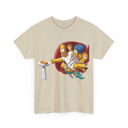 The Simpsons Creation of Adam Graphic T-Shirt Urban Unisex Cotton Tee in light beige, portraying the amusing depiction of Homer Simpson and his family in a playful artistic homage.