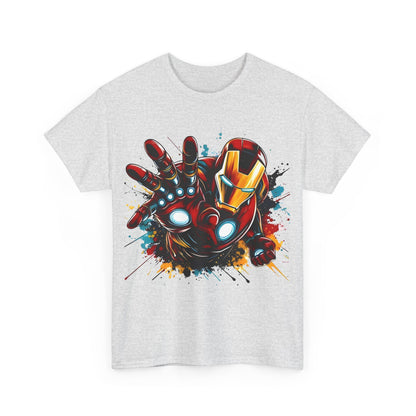 Unleash Your Inner Hero: Iron Man Graphic Unisex Graphic Tee Shirt featuring a vibrant design of Iron Man in his iconic red and gold suit, with dynamic paint splashes on a grey background.