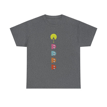 Unisex Pixel-Perfect Pac-Man Graphic Tee in dark grey, showcasing a vertical arrangement of Pac-Man and colourful ghost characters, embodying nostalgia and arcade gaming style.