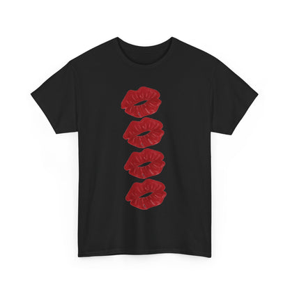 Luxurious black cotton unisex t-shirt featuring a striking vertical design of deep red kiss marks, perfect for romantic occasions and casual elegance.