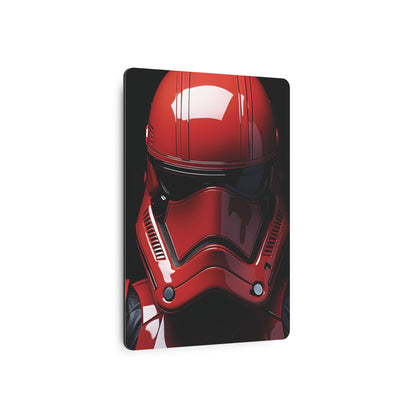 Close-up view of the Crimson Stormtrooper Metal Art Poster, highlighting its vivid design and matte finish, ideal for sophisticated home decor.
