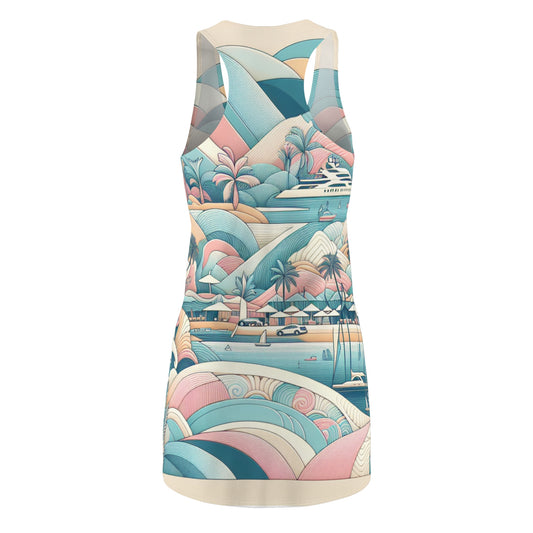 Close-up of the Marbella Inspired Racerback Dress featuring intricate details of pastel hues, capturing the essence of beach elegance and luxury yacht life.
