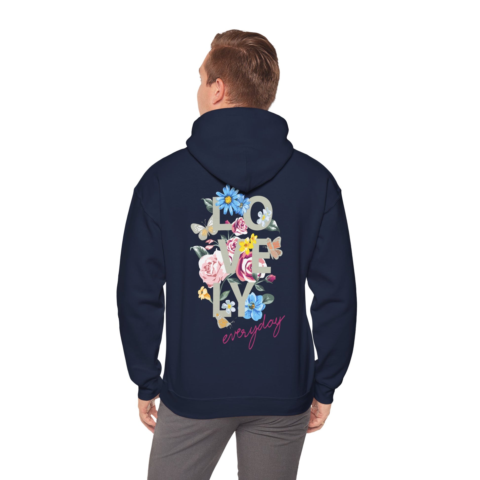 Stylish navy hoodie for men, adorned with a beautiful floral arrangement on the back with the letters 'LOVELY' prominently displayed, blending comfort and elegance effortlessly.