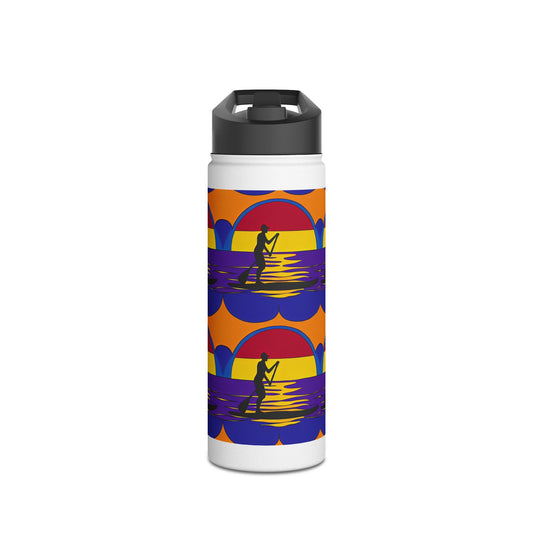 Stylish Fantasy Paddleboarding Stainless Steel Water Bottle showcasing an artistic design of a paddleboarder against a colourful sunset, perfect for upscale outdoor activities and hydration on the go.