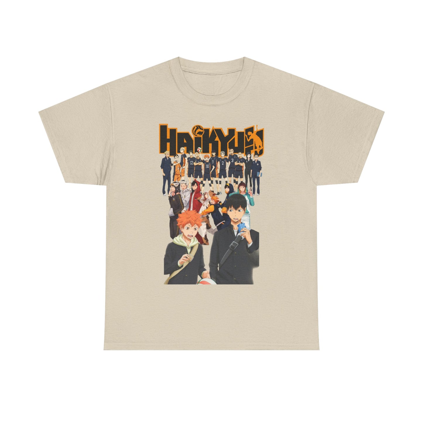 Chic Haikyuu!! All-Stars T-Shirt in soft beige, featuring intricate character designs, ideal for stylish casual wear or anime fandom.
