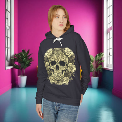 Skull and Roses Lightweight Hoodie modelled by a stylish individual in a vibrant indoor setting, showcasing its edgy design and premium quality.