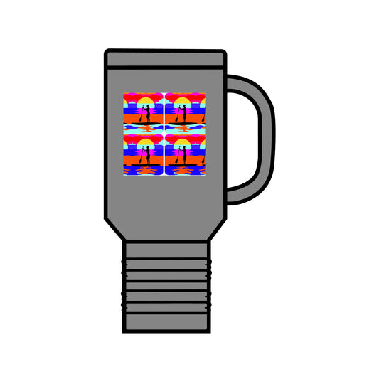 Fantasy Paddleboarding 40oz Insulated Travel Mug in sleek grey, adorned with a colourful paddleboarding graphic, ideal for those who cherish both luxury and functionality on their journeys.
